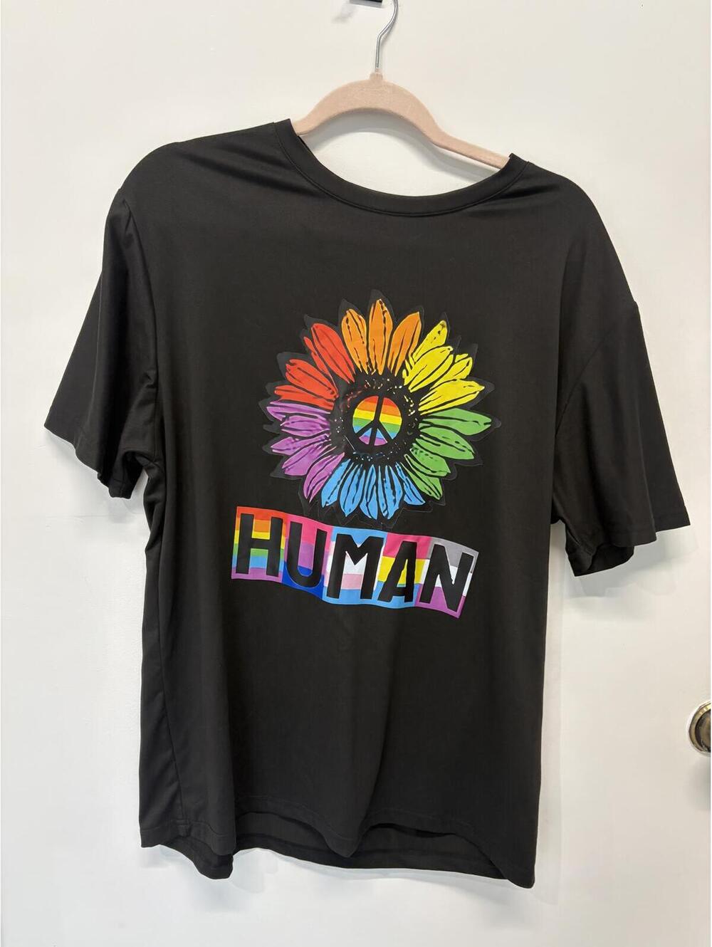Black T-Shirt with Rainbow Peace Flower and HUMAN Print, Size Large